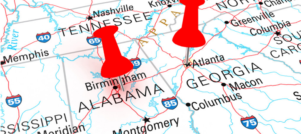 Map of Ally home inspections service areas across Birmingham, Alabama and Georgia