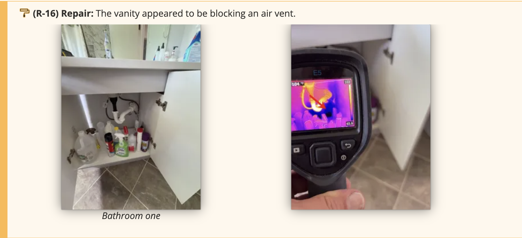 Thermal imaging reveals a bathroom vanity installed over an HVAC vent during an Ally inspection